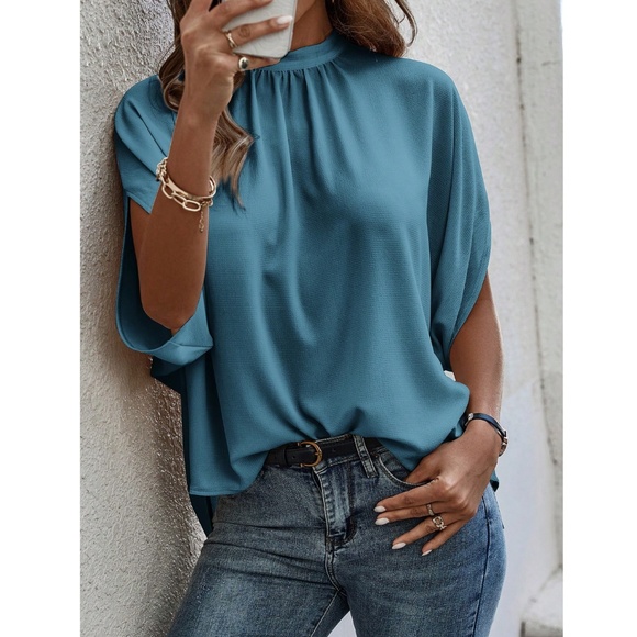 Teall Blue Blouse Top Flowy, High Neck - Picture 2 of 13